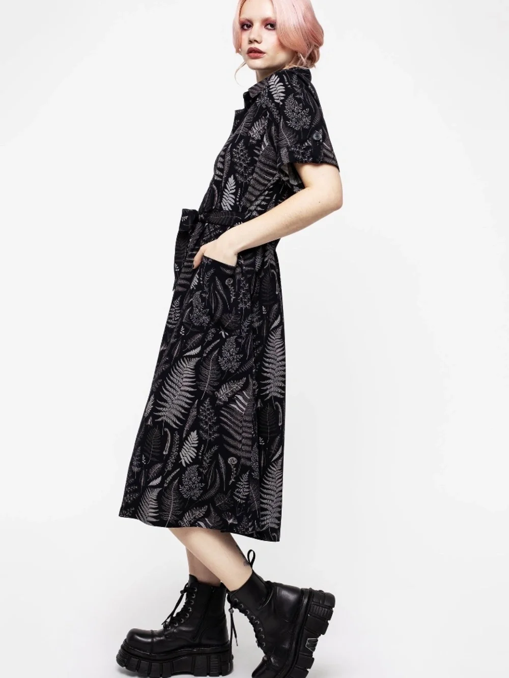 Maidenhair Midi Short Sleeve Shirt Dress - 10 Tall - fern frond illustrations - Picture 4 of 11